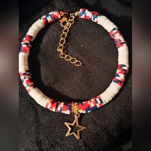 Handmade Red, White, and Blue Clay Beaded Bracelet with Star Charm, Memory Wire